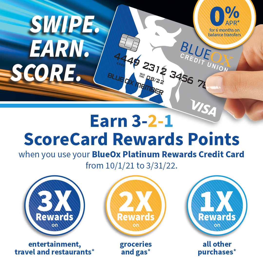 Swipe. Earn. Score! Earn 3-2-1 ScoreCard Reward Points when you use your BlueOx Visa® Platinum Rewards Credit Card from 10/1/21 until 3/31/22.